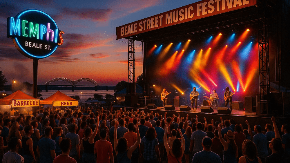 Events Memphis - Concert in Memphis with crowd and stage in foreground and Mississippi River in background
