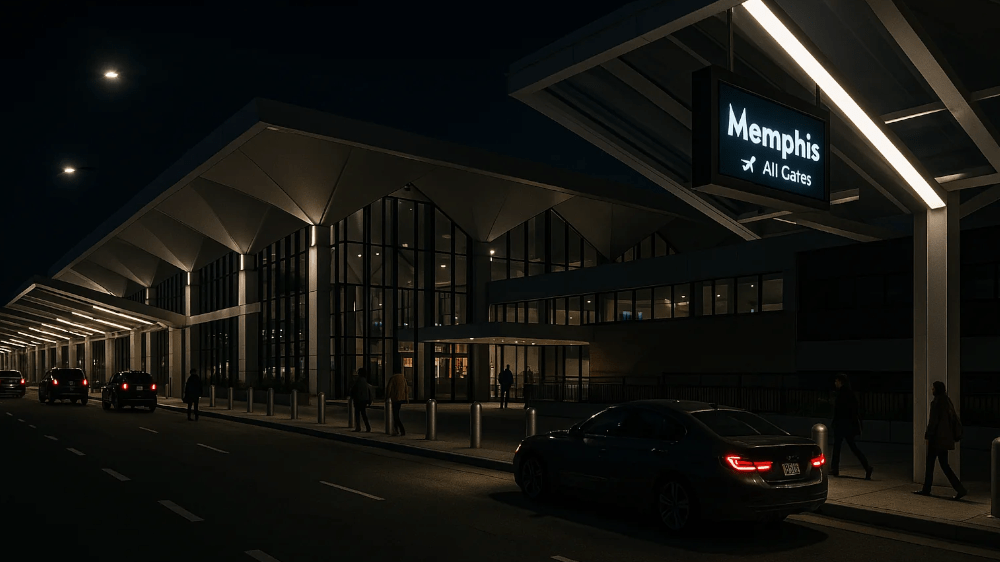 How to get from Memphis airport to downdown - Night view of the exterior of Memphis International Airport with a car in the foreground along the road and people walking in front of the Terminal entrance