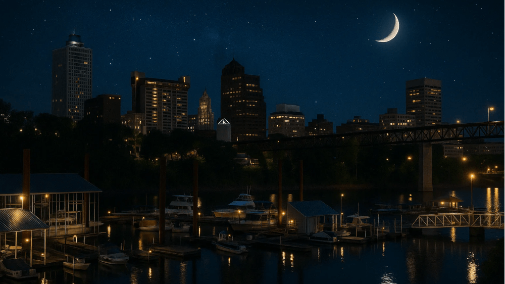 How to spend a weekend in Downtown Memphis - View of the Memphis skyline by night from a boat dock on the Mississippi River