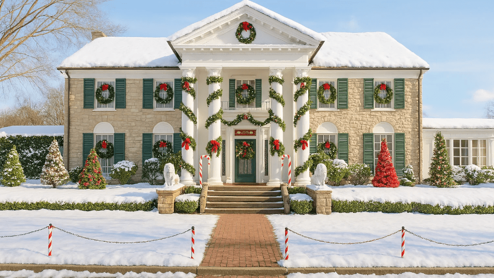 Memphis hotel Christmas - View of Graceland mansion decorated for the holidays with snow, Christmas trees and themed decorations