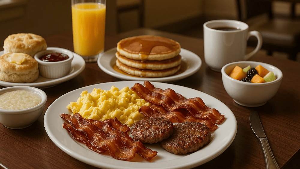 Memphis hotel free breakfast - Typical Southern American breakfast with sweet and savory dishes