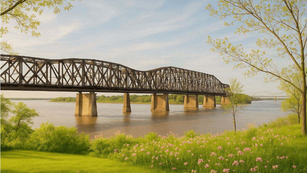 Memphis hotel Mother's Day - View of the Harahan Bridge over the Mississippi in Memphis with spring meadow in the foreground