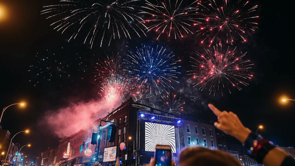 Memphis hotel New Year's Eve - Crowd celebrating New Year's Eve on Baele Street in Memphis with fireworks over buildings