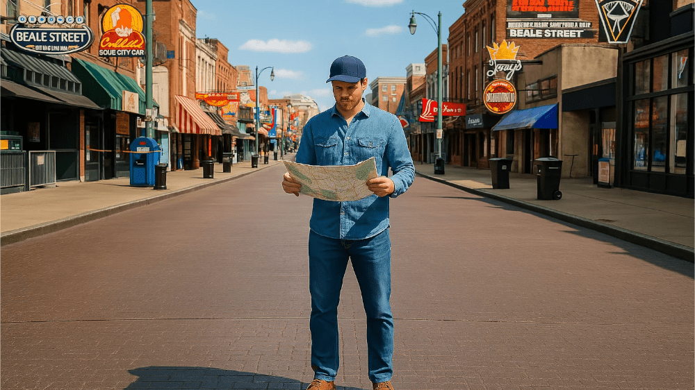 Memphis hotel road trip - Man standing in the middle of Baele Street in Memphis with a street map in his hand