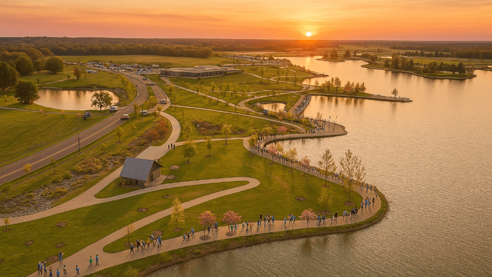Memphis nature trails - Aerial view of Shelby Farms Park at sunset