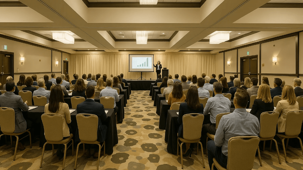 Multifunctional corporate spaces in Memphis - Multifunctional spaces of the Vitality Hotel with seated audience attending a conference held by a speaker
