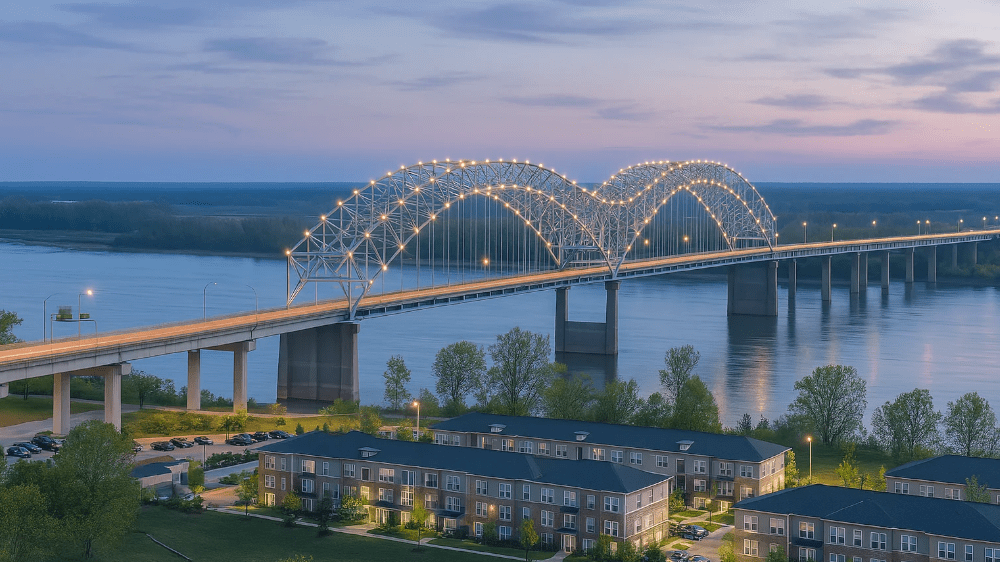 Where to stay in Memphis that is safe? - Panoramic photo from above and at dawn of Hernando deSoto Bridge across the Mississippi in a safe residential area of ​​Memphis