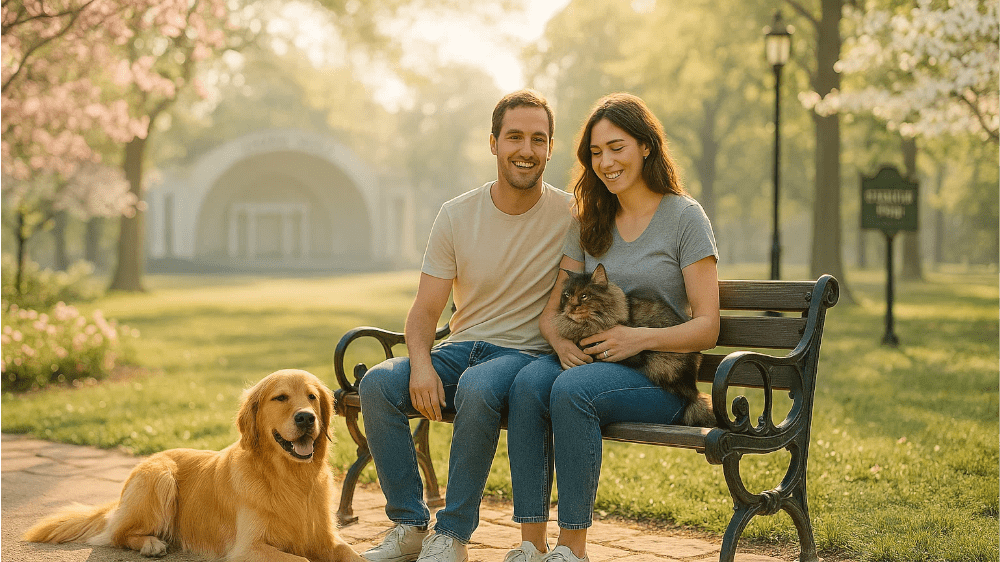 Best hotels in Memphis with pet-friendly options - Couple sitting on a bench in a Memphis park with a dog and a cat
