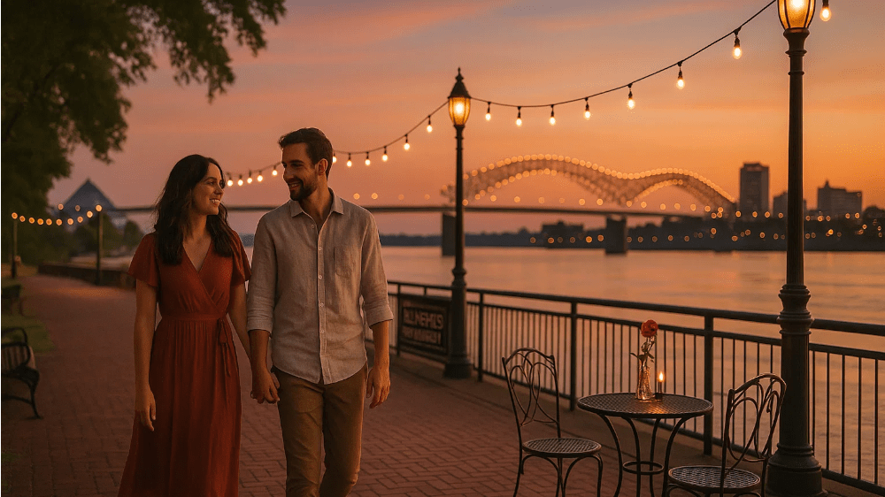 Top romantic date spots in Memphis - Couple walking by Memphis riverside at sunset